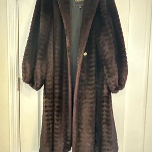 Luxurious Faux Fur Coat with reddish purple tones. Full length 2 buttons.